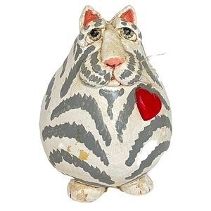 Enesco Vikki Thomas Grey and White Striped Cat Heart Gourd Sculpture